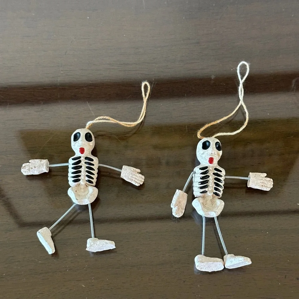 Vintage Halloween Spring Skeleton Ornaments Set of 2 Day of the Dead Folk Art